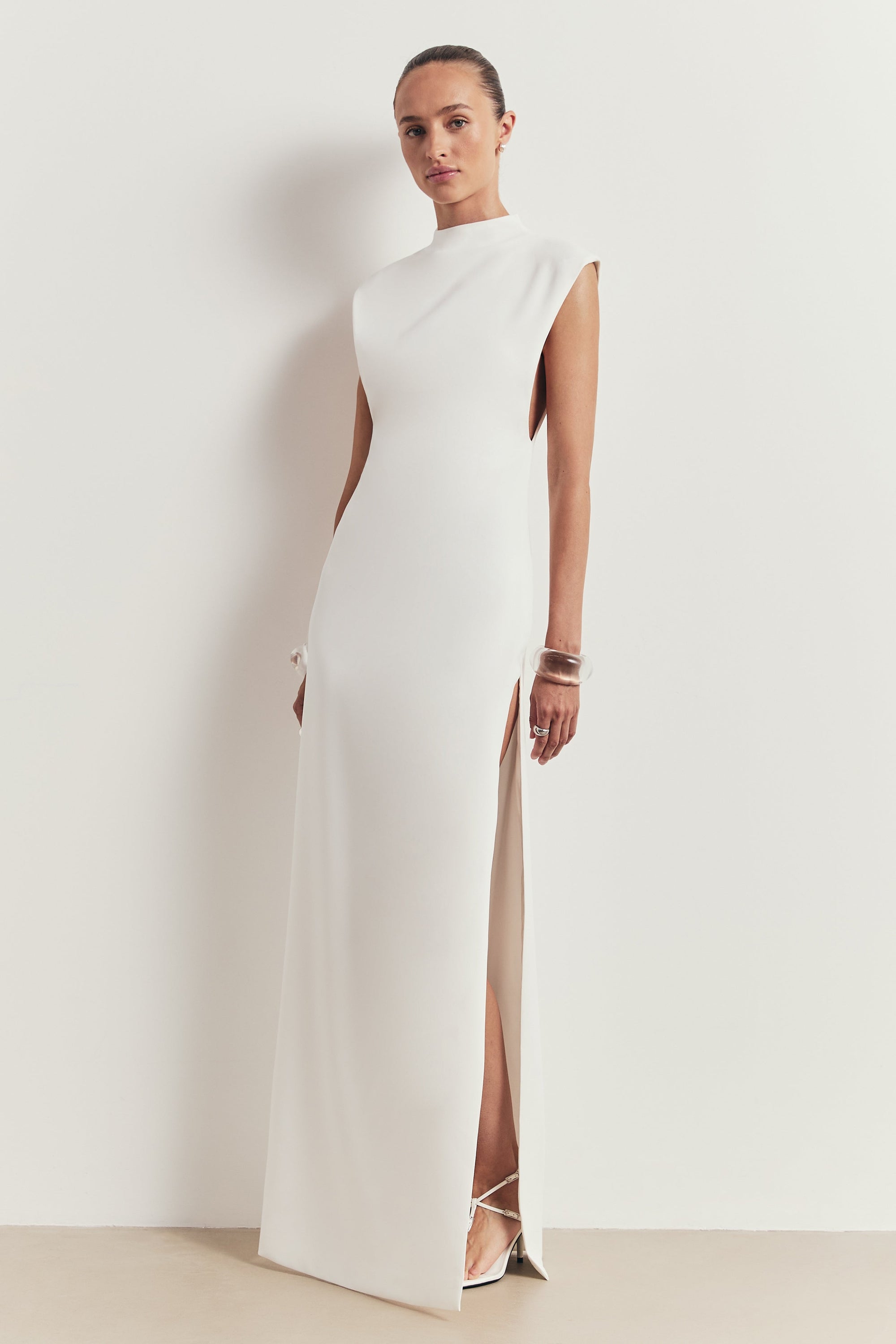 Sleek High Neck Cap Sleeve Maxi Dress - White