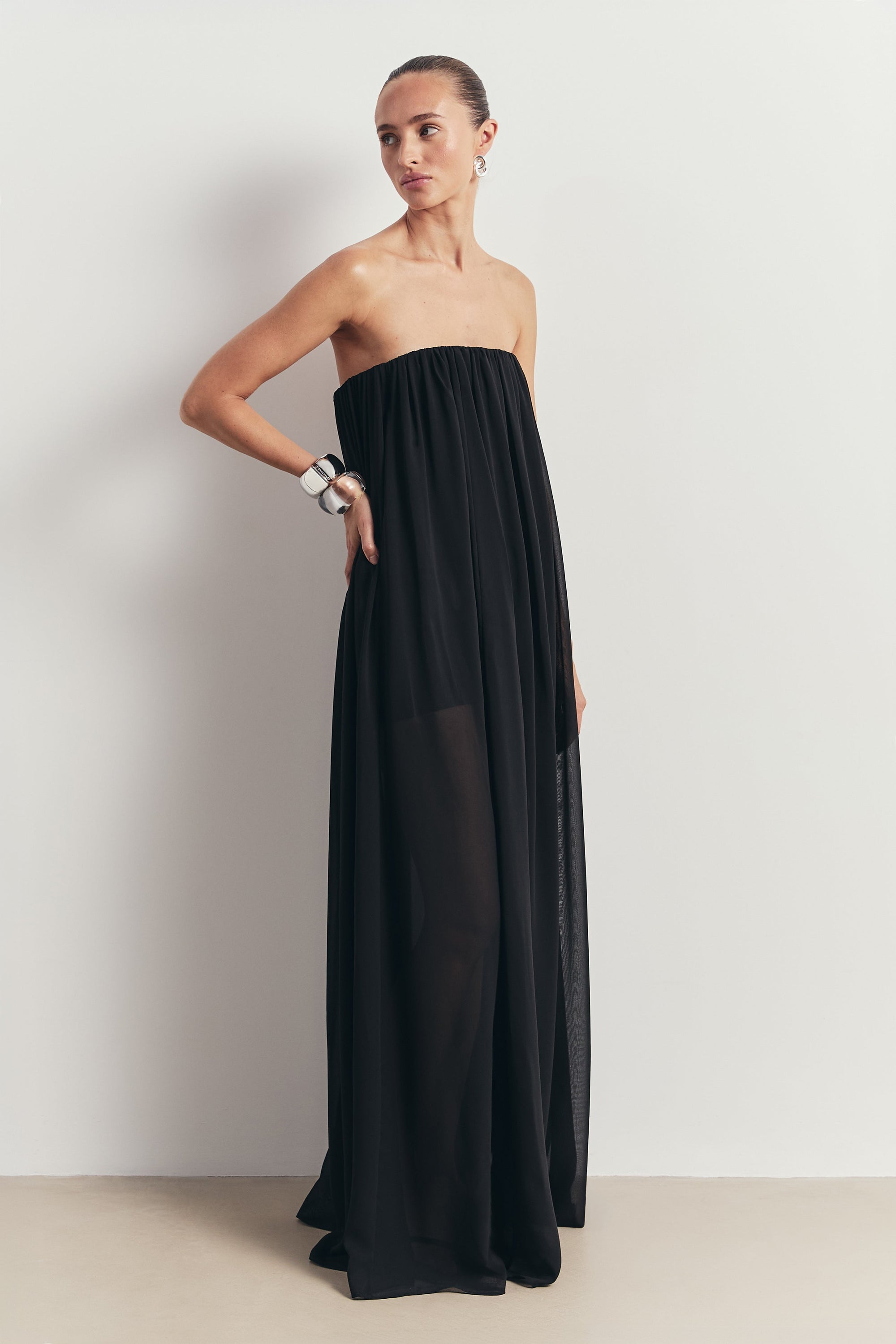Strapless Chiffon Layered Corset Maxi Dress - Black