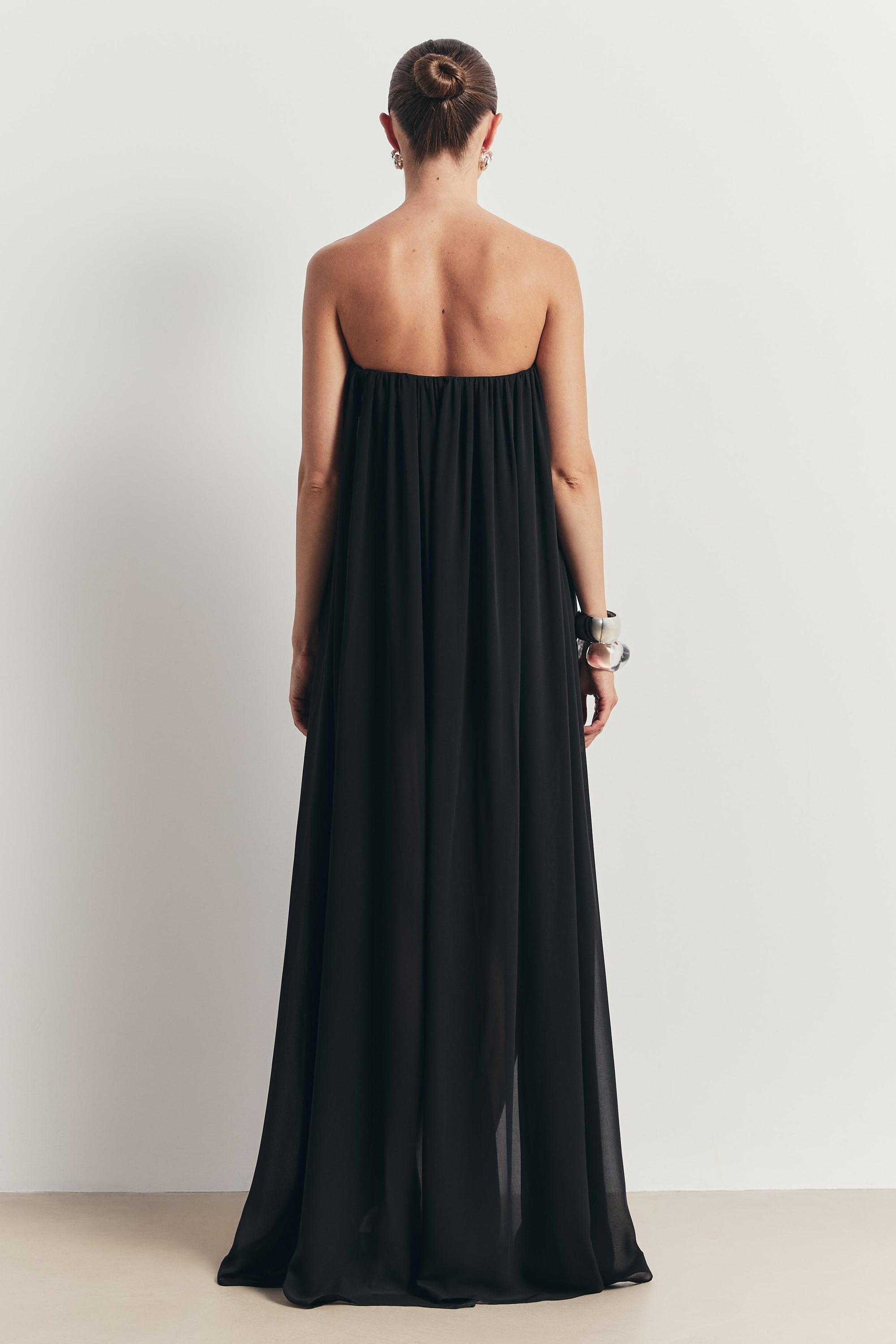 Strapless Chiffon Layered Corset Maxi Dress - Black