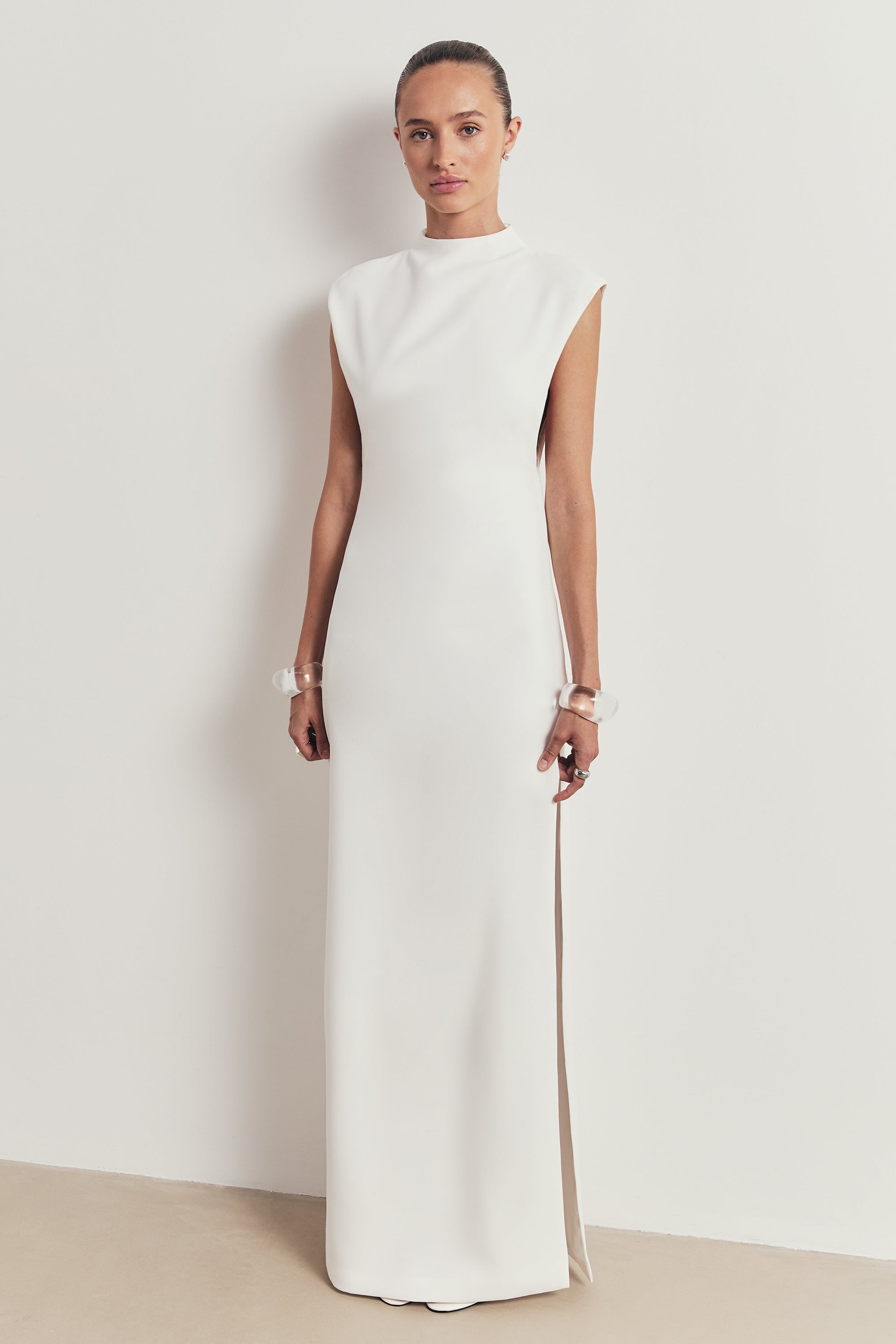Sleek High Neck Cap Sleeve Maxi Dress - White