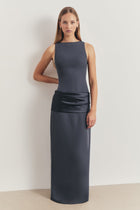 Dropped Waist Satin Panel Gown - Petrol