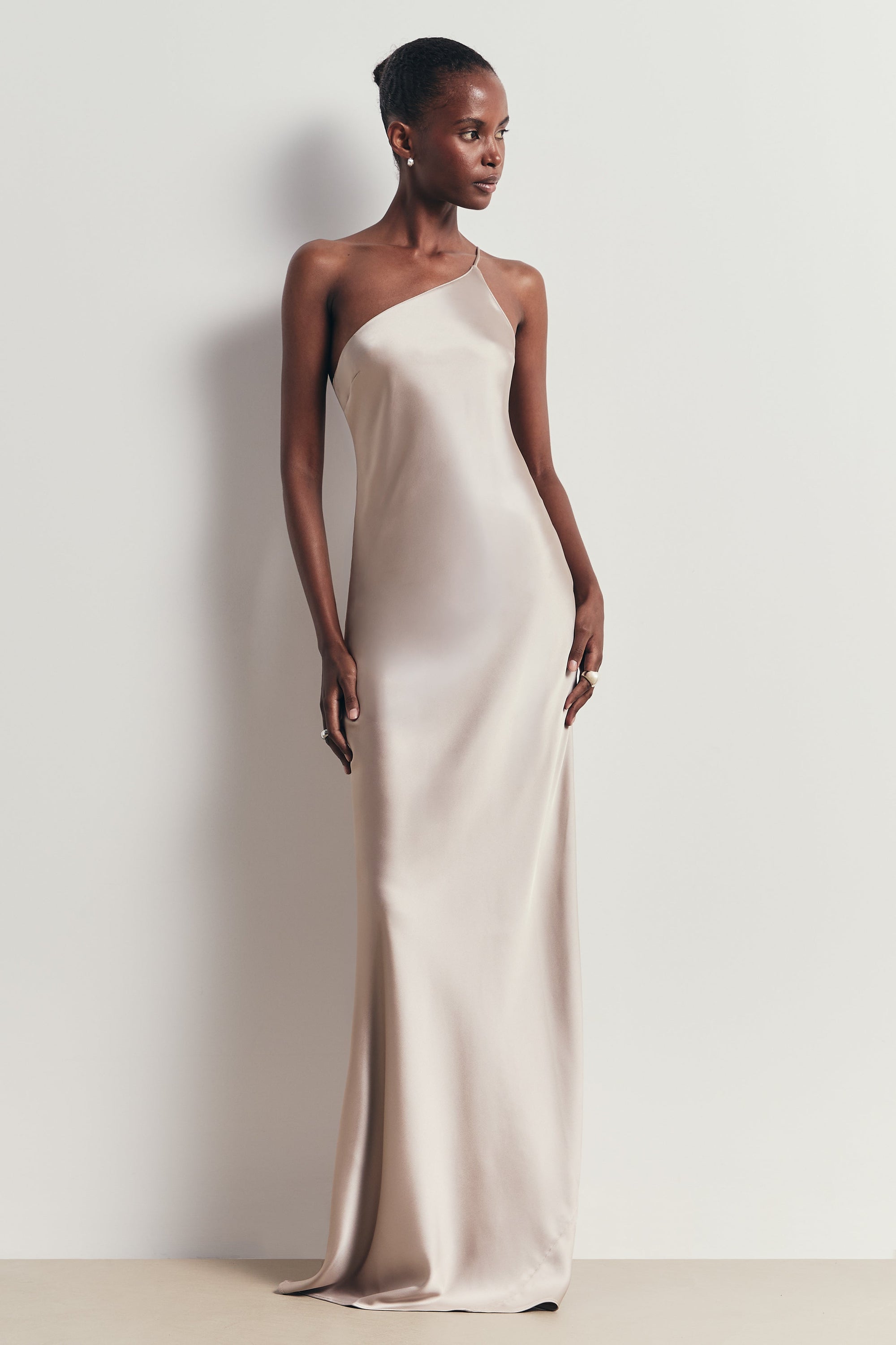 Satin Slip One Shoulder Maxi Dress - Stone