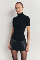 Wool Blend Cap Sleeve Polo Neck Top - Black