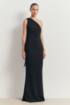 Asymmetric Scarf Gown With Fringing - Black