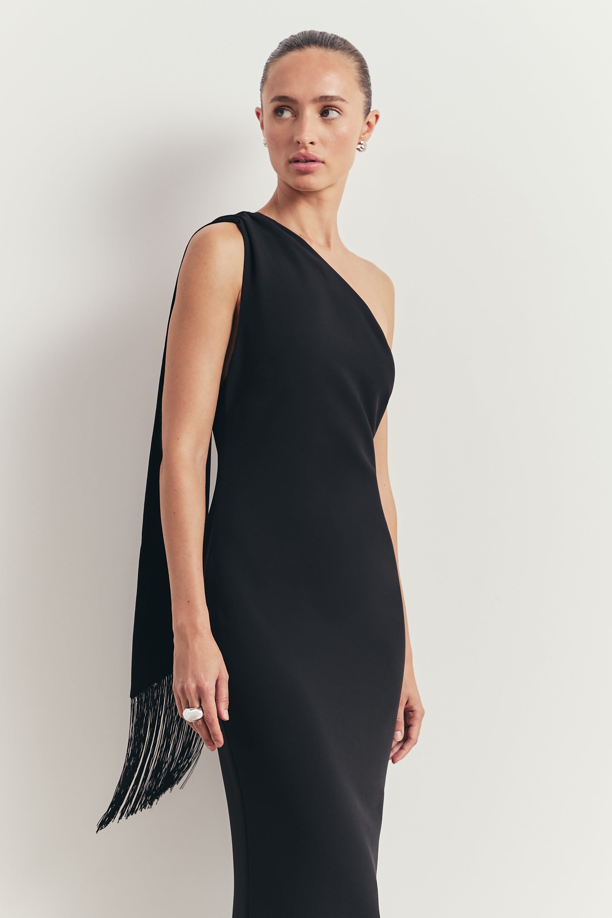 Asymmetric Scarf Gown With Fringing - Black