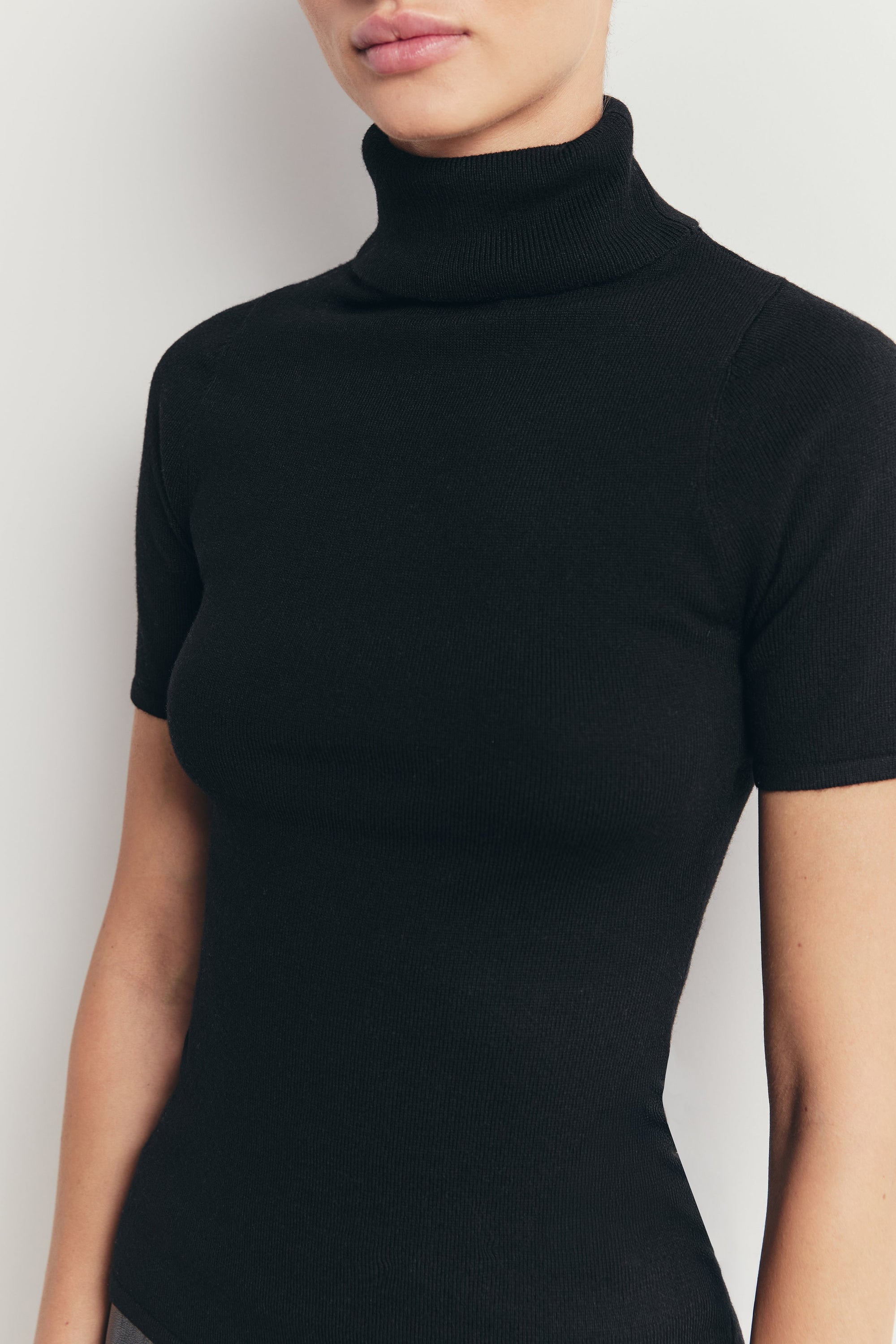 Wool Blend Cap Sleeve Polo Neck Top - Black