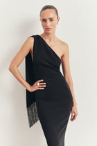 Asymmetric Scarf Gown With Fringing - Black