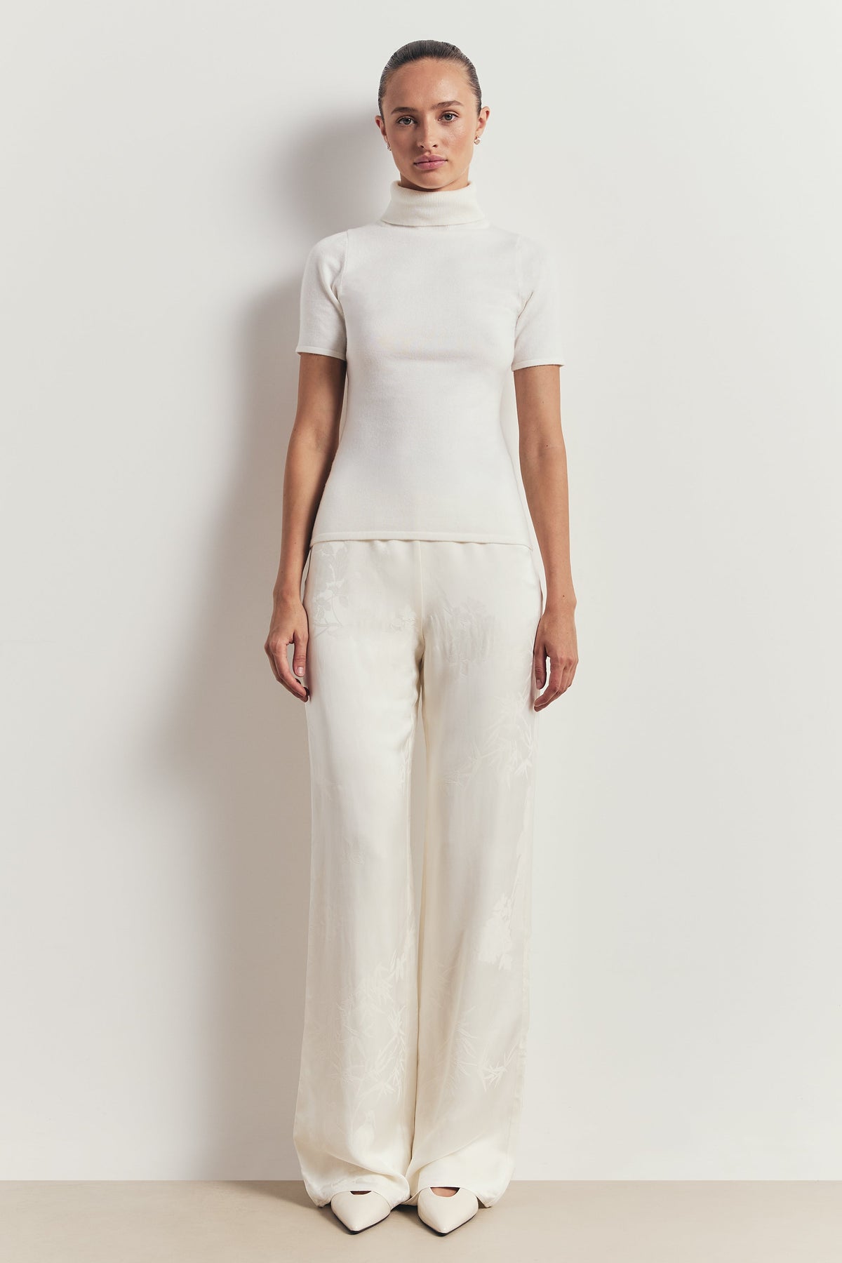 Satin Jacquard Tailored Straight Leg Trousers - Cream