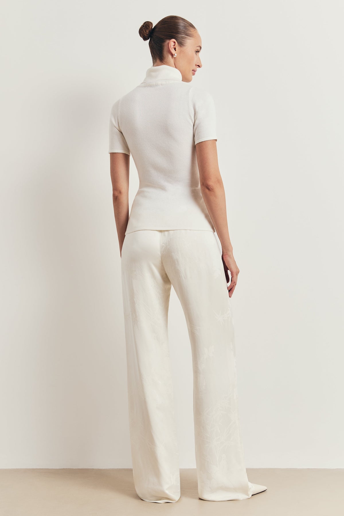 Satin Jacquard Tailored Straight Leg Trousers - Cream