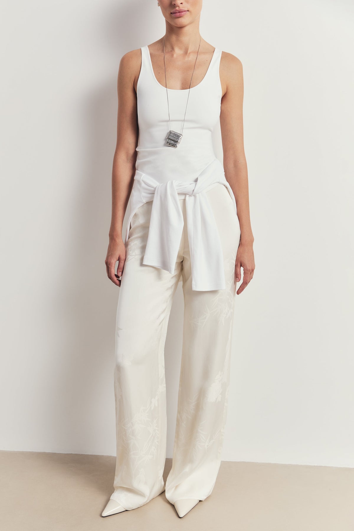Satin Jacquard Tailored Straight Leg Trousers - Cream