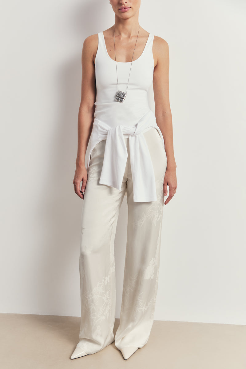 Satin Jacquard Tailored Straight Leg Trousers - Cream