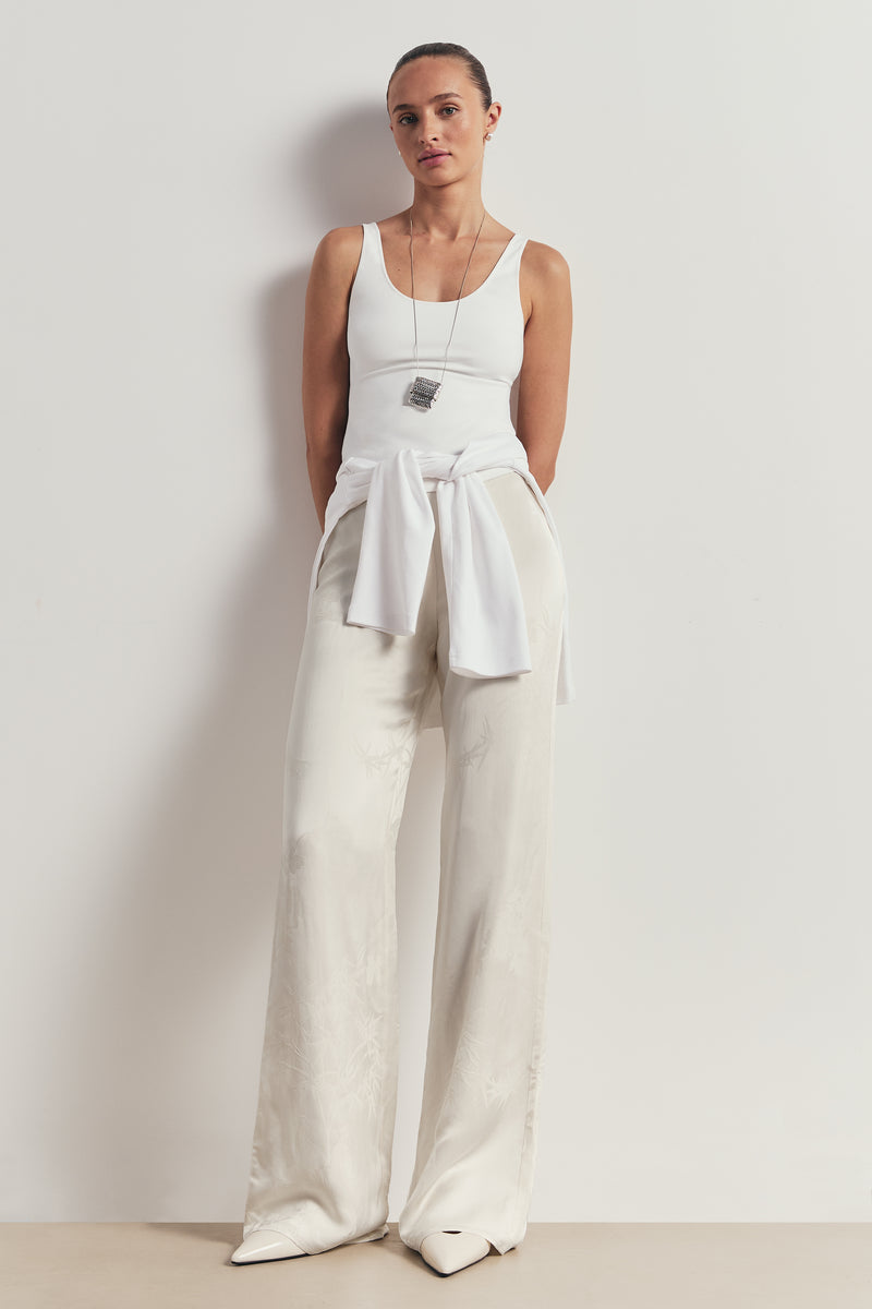 Satin Jacquard Tailored Straight Leg Trousers - Cream