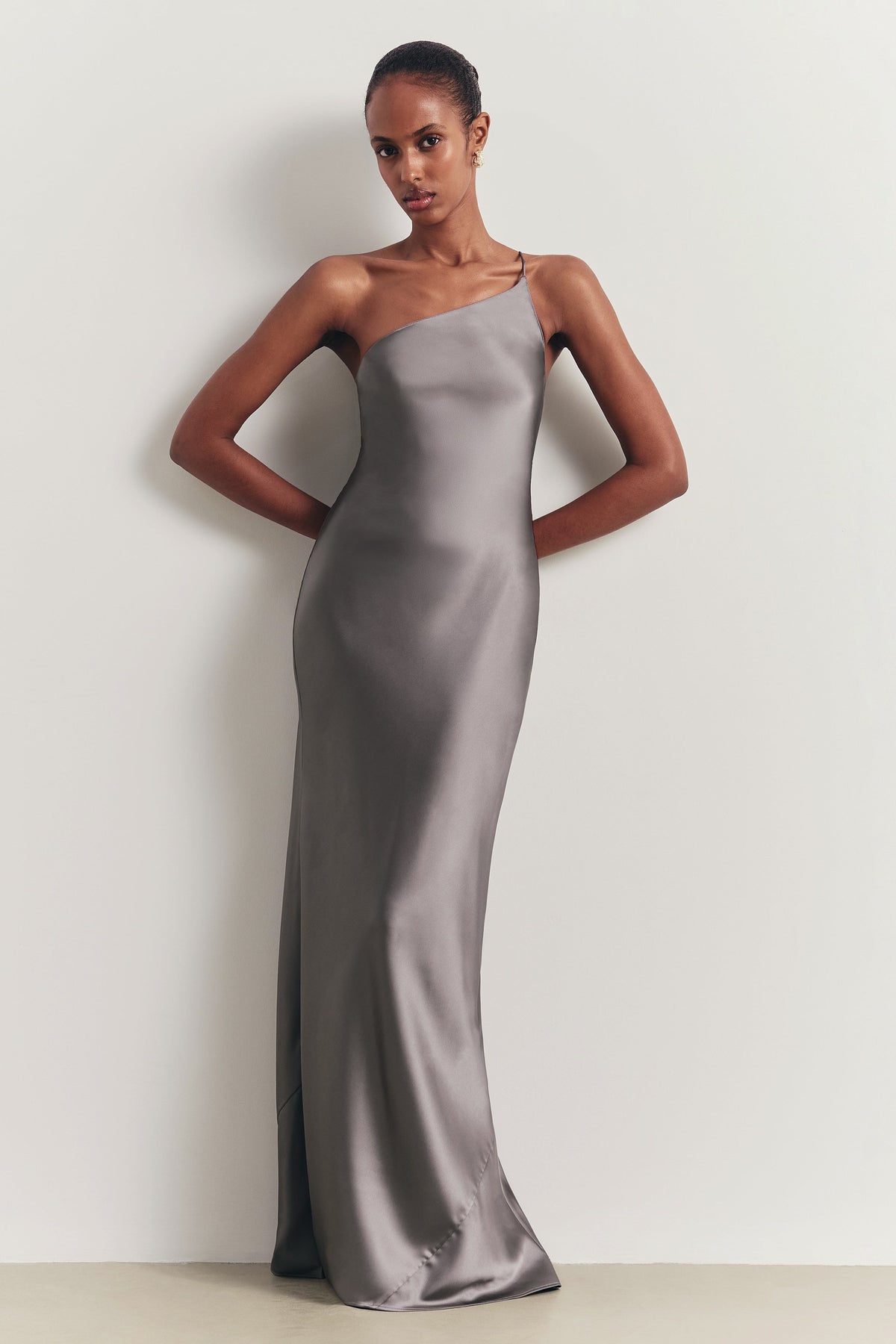 Satin Slip One Shoulder Maxi Dress - Slate