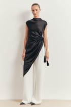 Satin Gathered Asymmetric Blouse with Tassel - Black