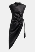 Satin Gathered Asymmetric Blouse with Tassel - Black