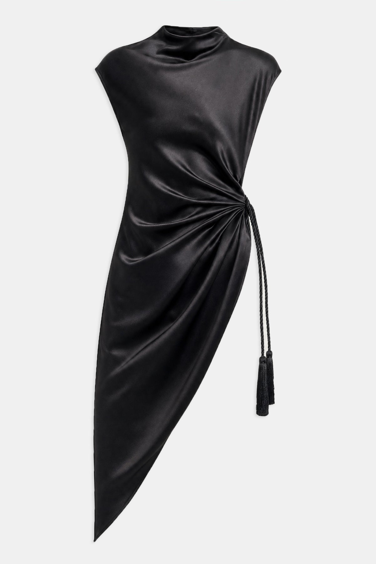 Satin Gathered Asymmetric Blouse with Tassel - Black