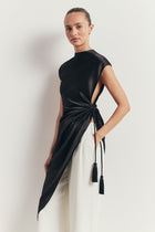Satin Gathered Asymmetric Blouse with Tassel - Black