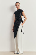 Satin Gathered Asymmetric Blouse with Tassel - Black