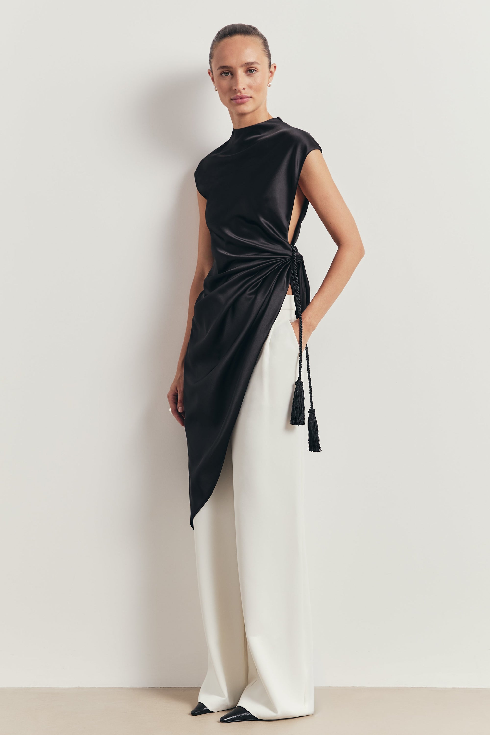 Satin Gathered Asymmetric Blouse with Tassel - Black
