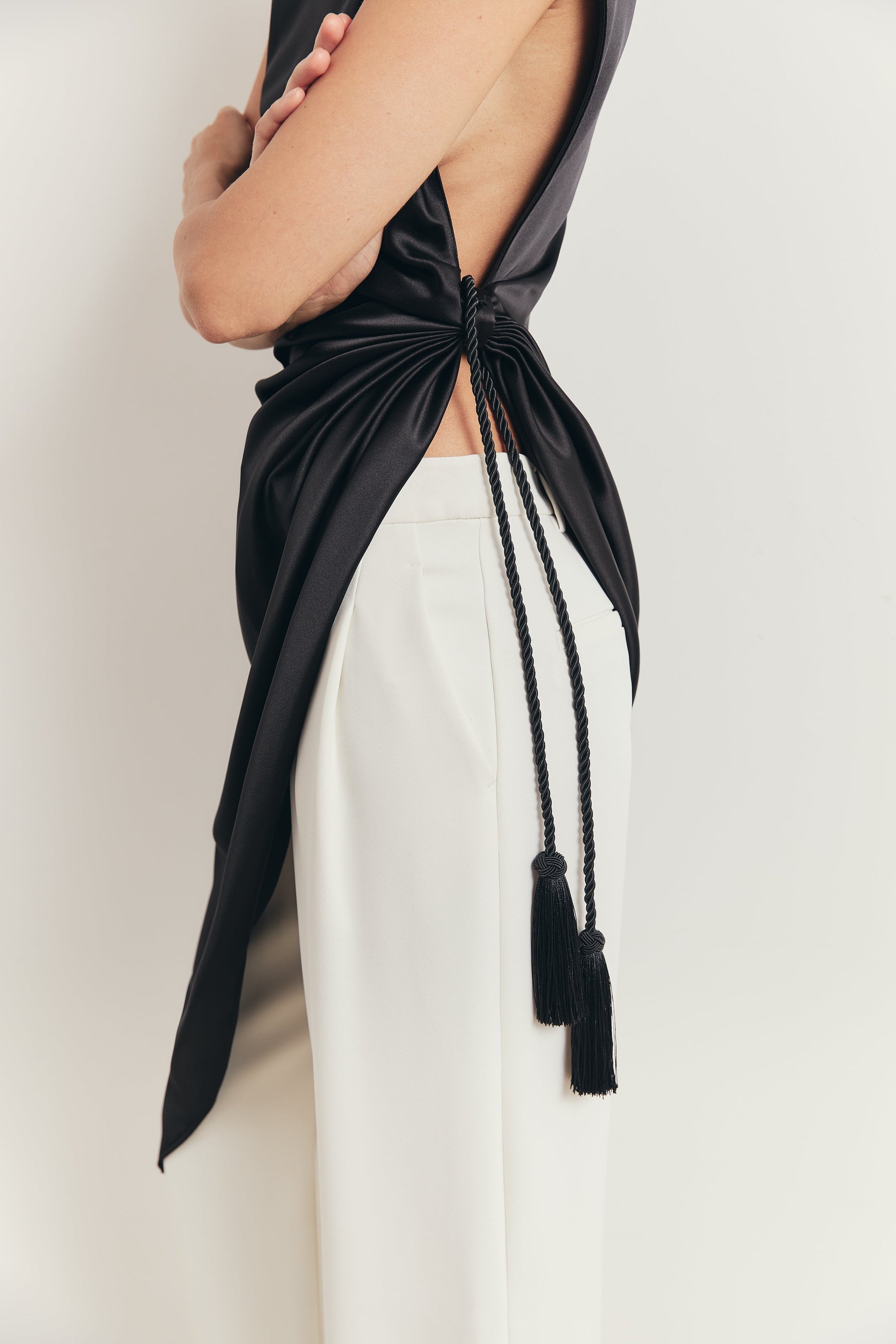 Satin Gathered Asymmetric Blouse with Tassel - Black
