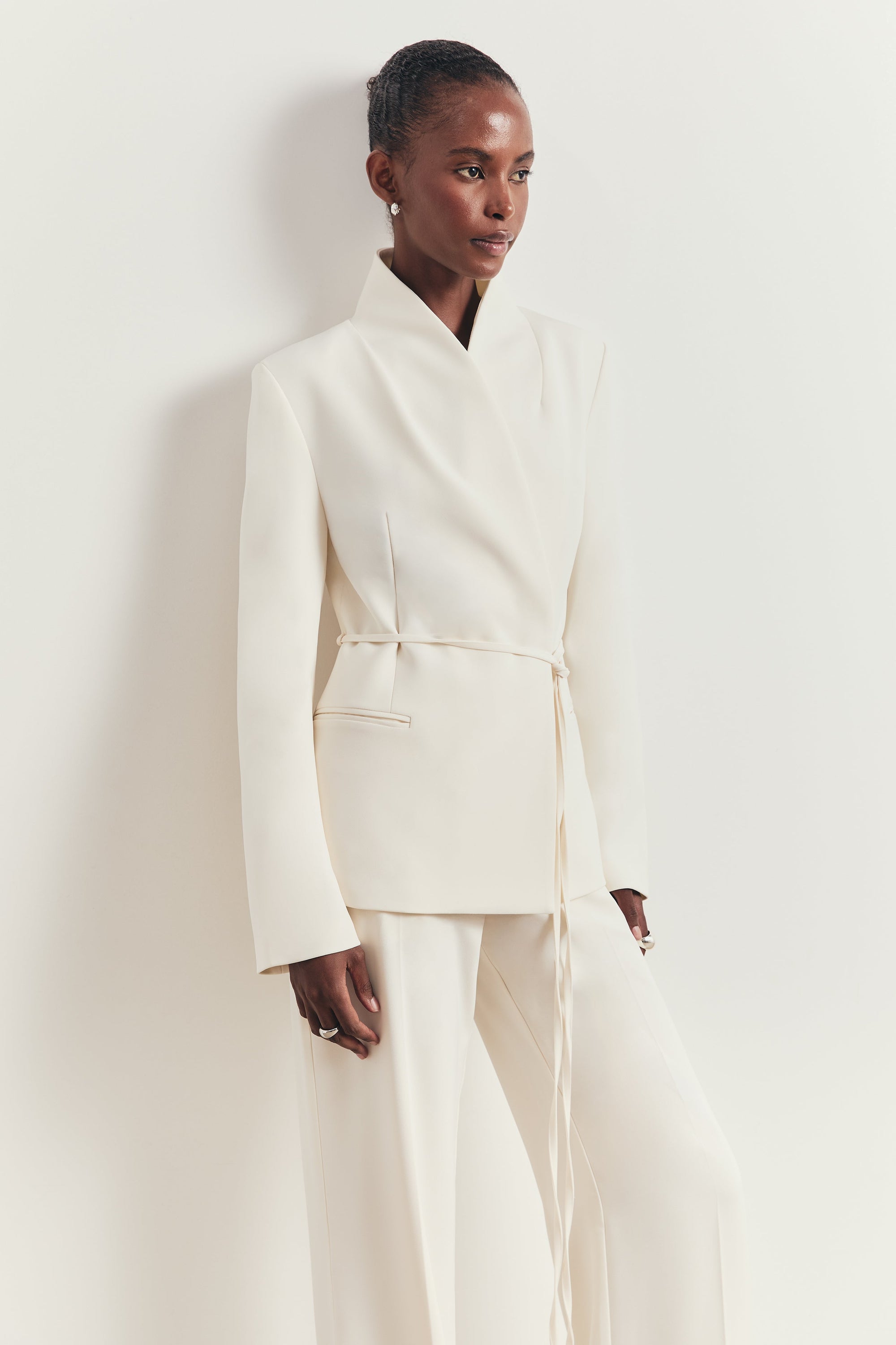 Tailored Cocoon Blazer with Belt - Cream