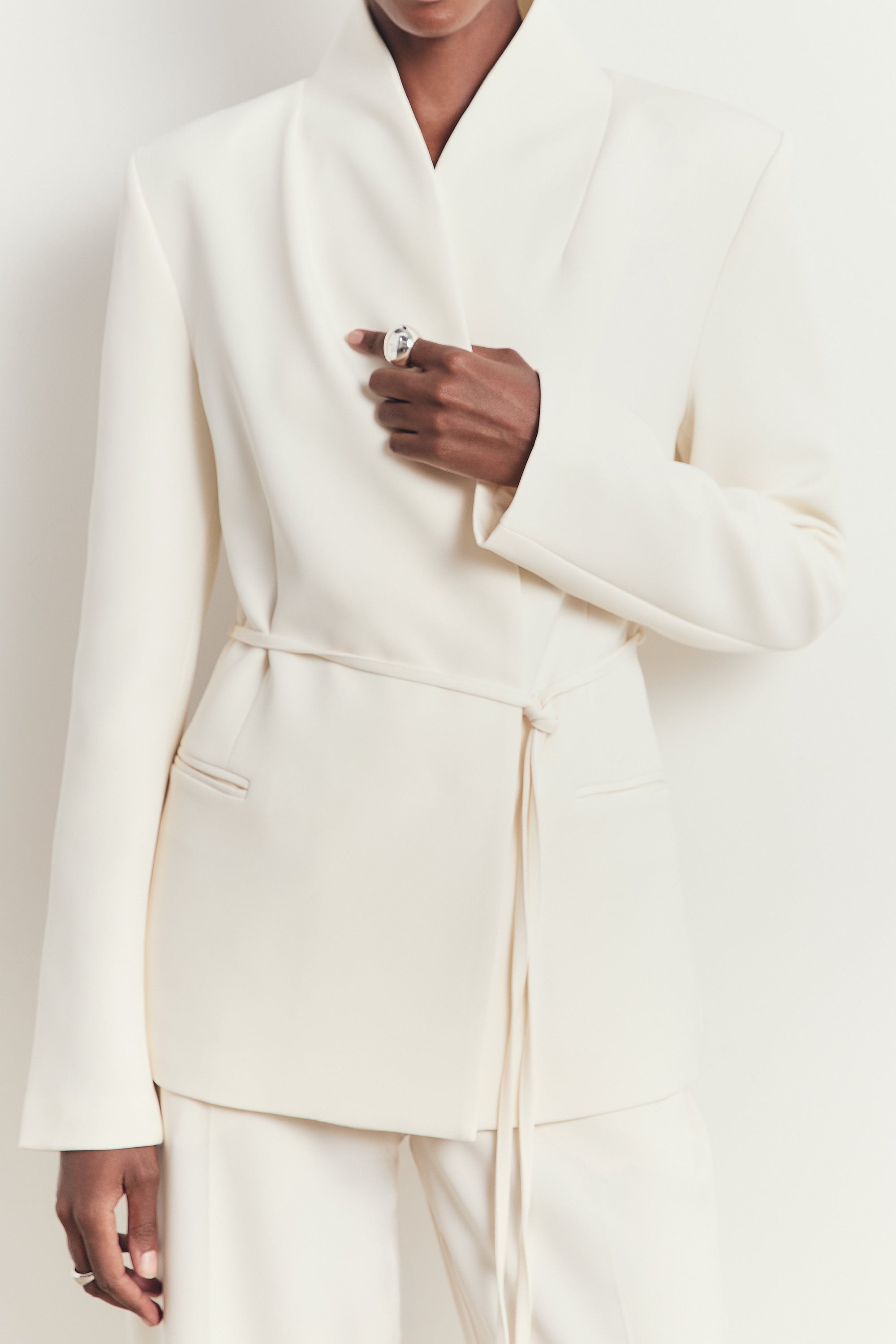 Tailored Cocoon Blazer with Belt - Cream
