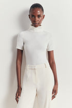 Wool Blend Cap Sleeve Polo Neck Top - Cream