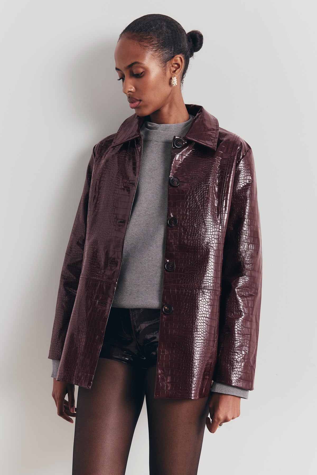 Croc Embossed Leather Button Down Jacket - Oxblood