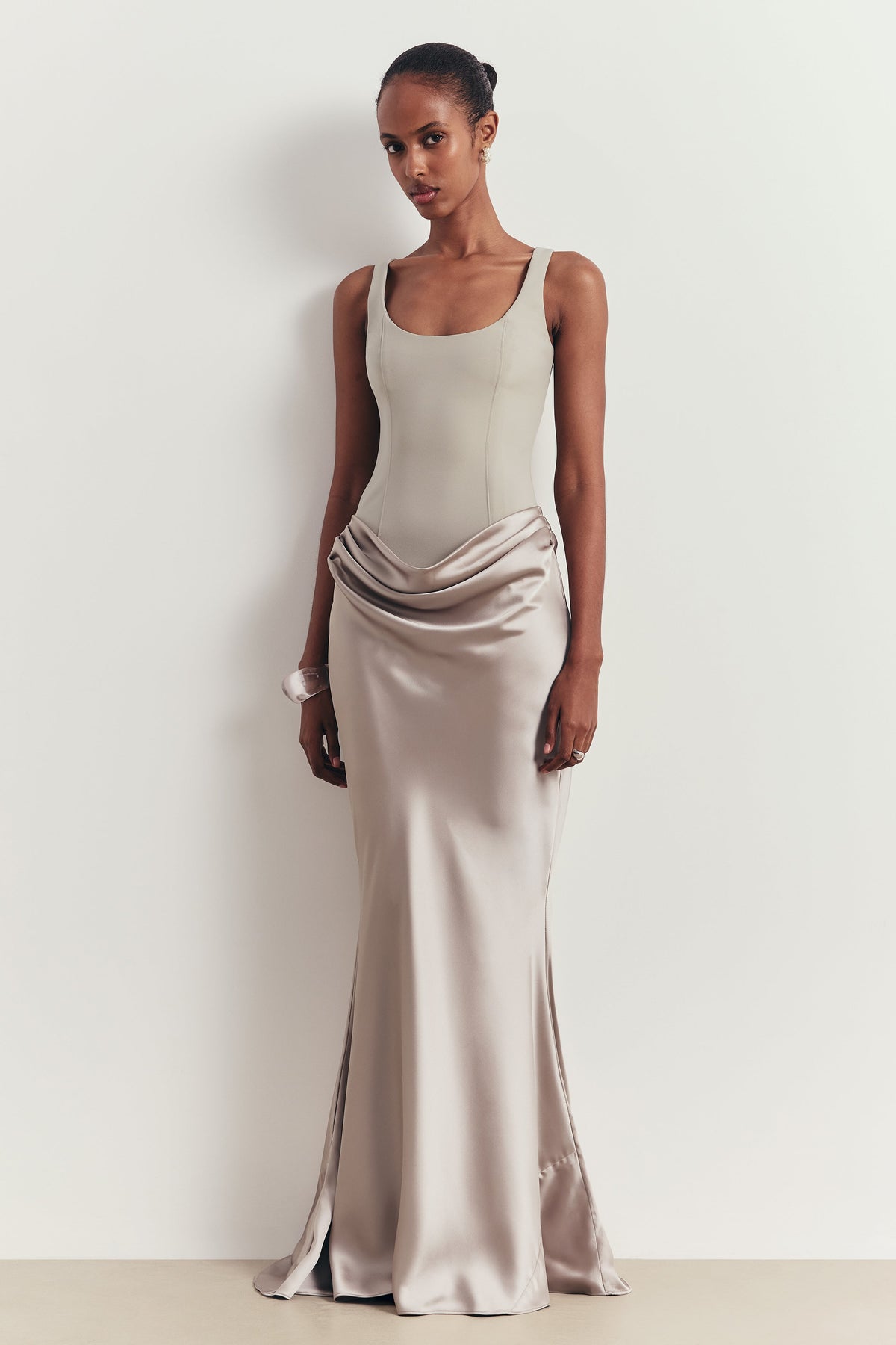 Tailored Corset Gown With Draped Hip - Stone