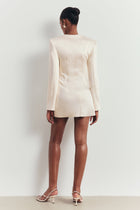 Satin Tailored Collarless Blazer Dress - Cream