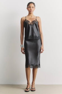 Satin Lace Detail Midi Skirt - Black