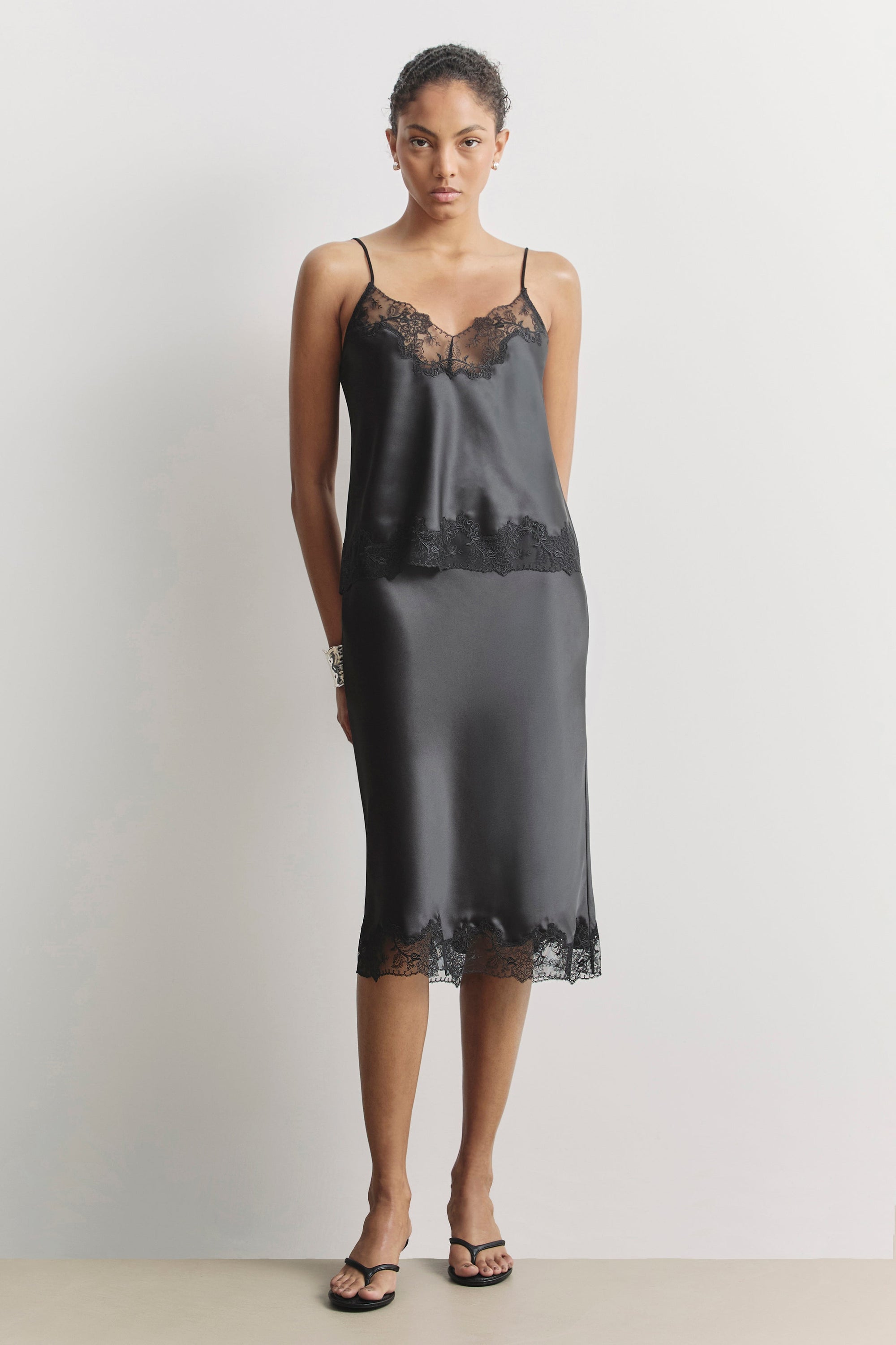 Satin Lace Detail Midi Skirt - Black