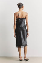 Satin Lace Detail Midi Skirt - Black