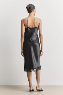 Satin Lace Detail Midi Skirt - Black