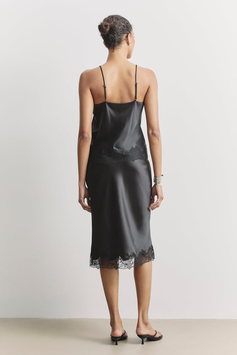 Satin Lace Detail Midi Skirt - Black