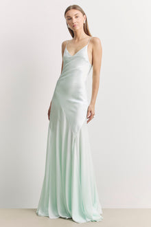 Plunging Satin Handkerchief Hem Gown - Mint