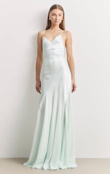 Plunging Satin Handkerchief Hem Gown - Mint