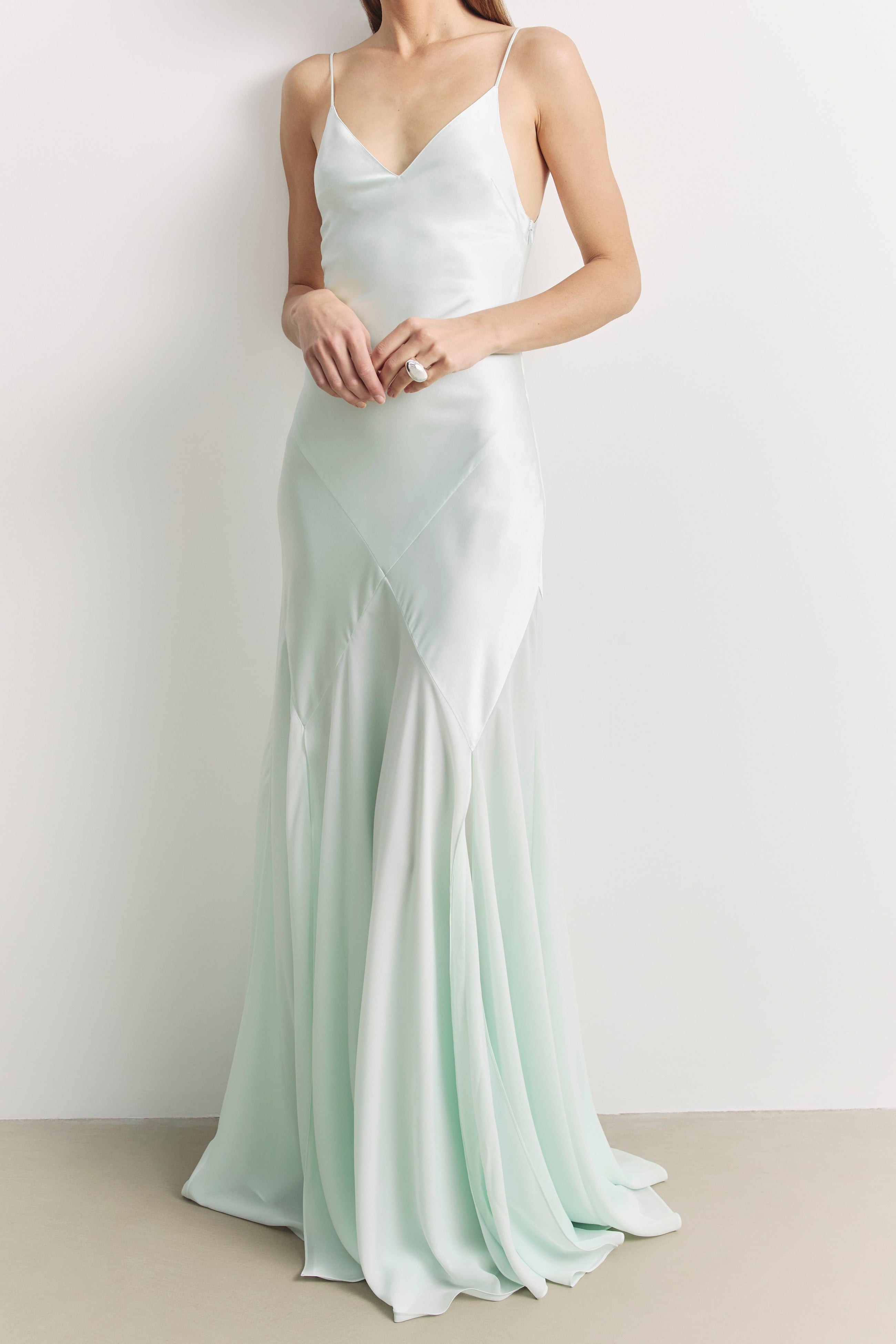 Plunging Satin Handkerchief Hem Gown - Mint