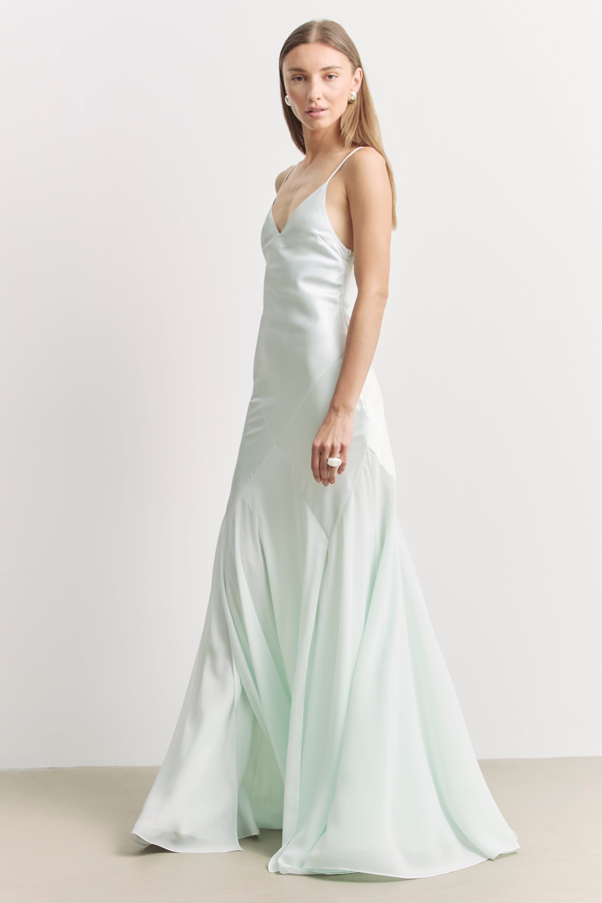 Plunging Satin Handkerchief Hem Gown - Mint
