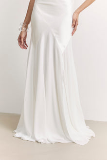 Plunging Satin Handkerchief Hem Gown - White