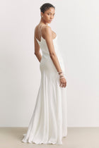 Plunging Satin Handkerchief Hem Gown - White
