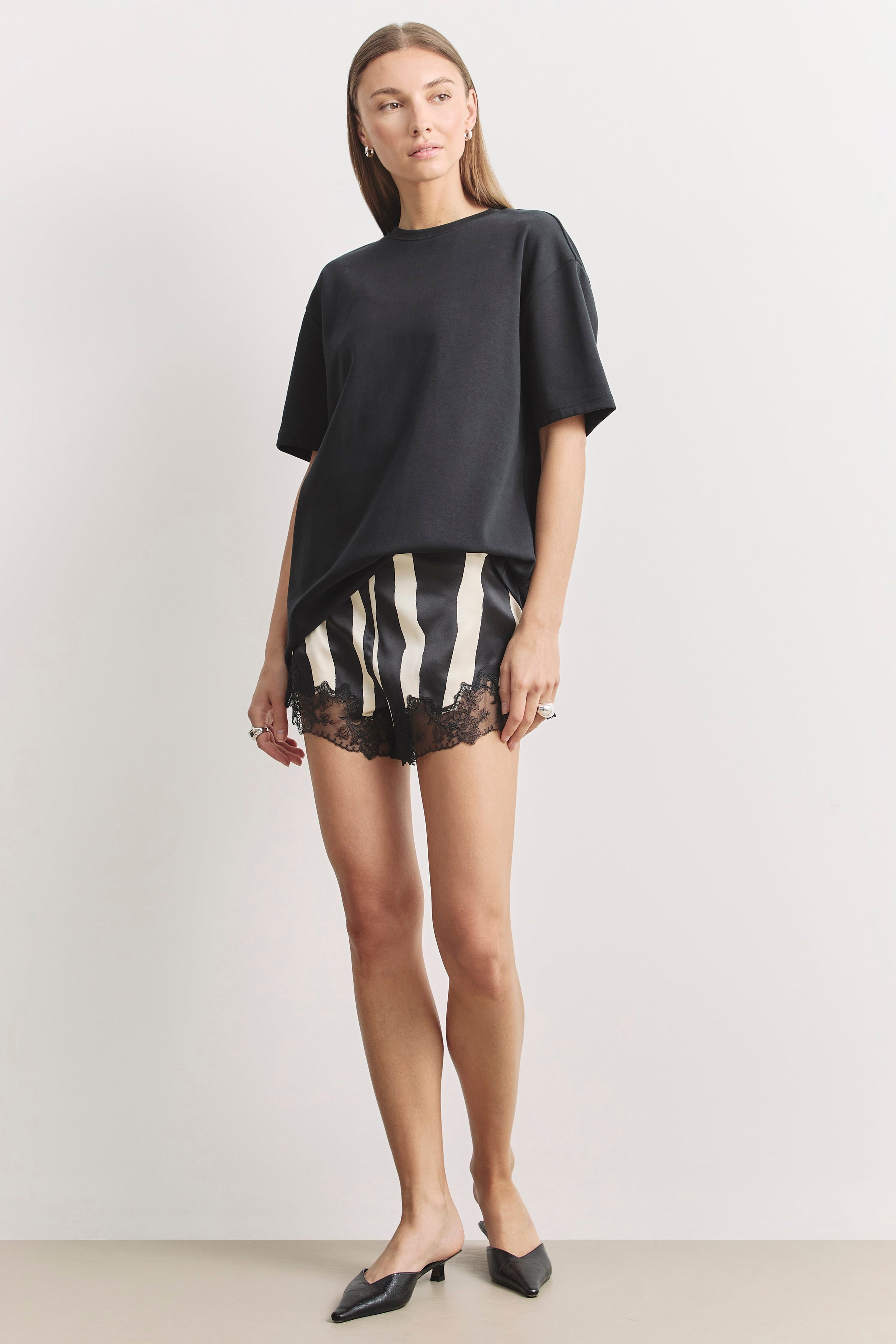 Satin Lace Detail Shorts - Abstract Zebra