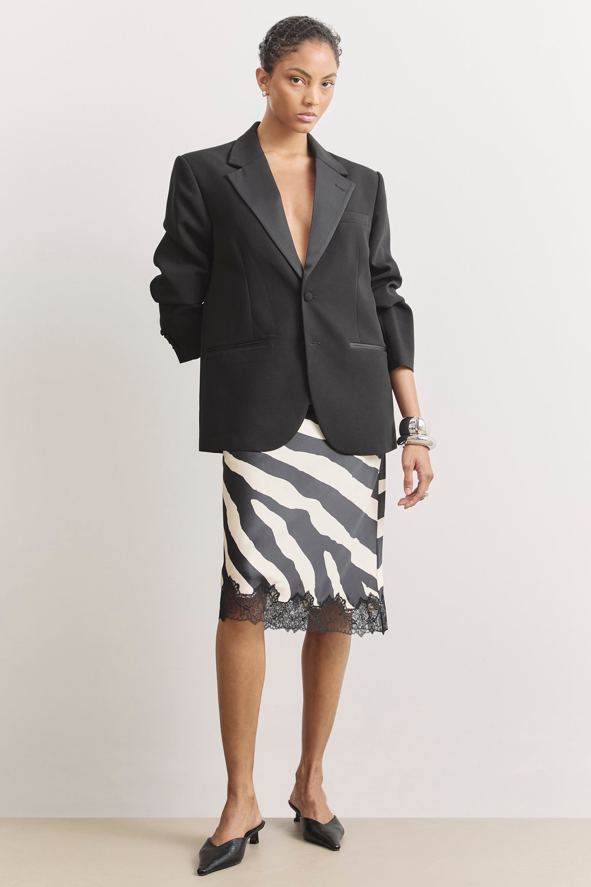 Satin Lace Detail Midi Skirt - Abstract Zebra