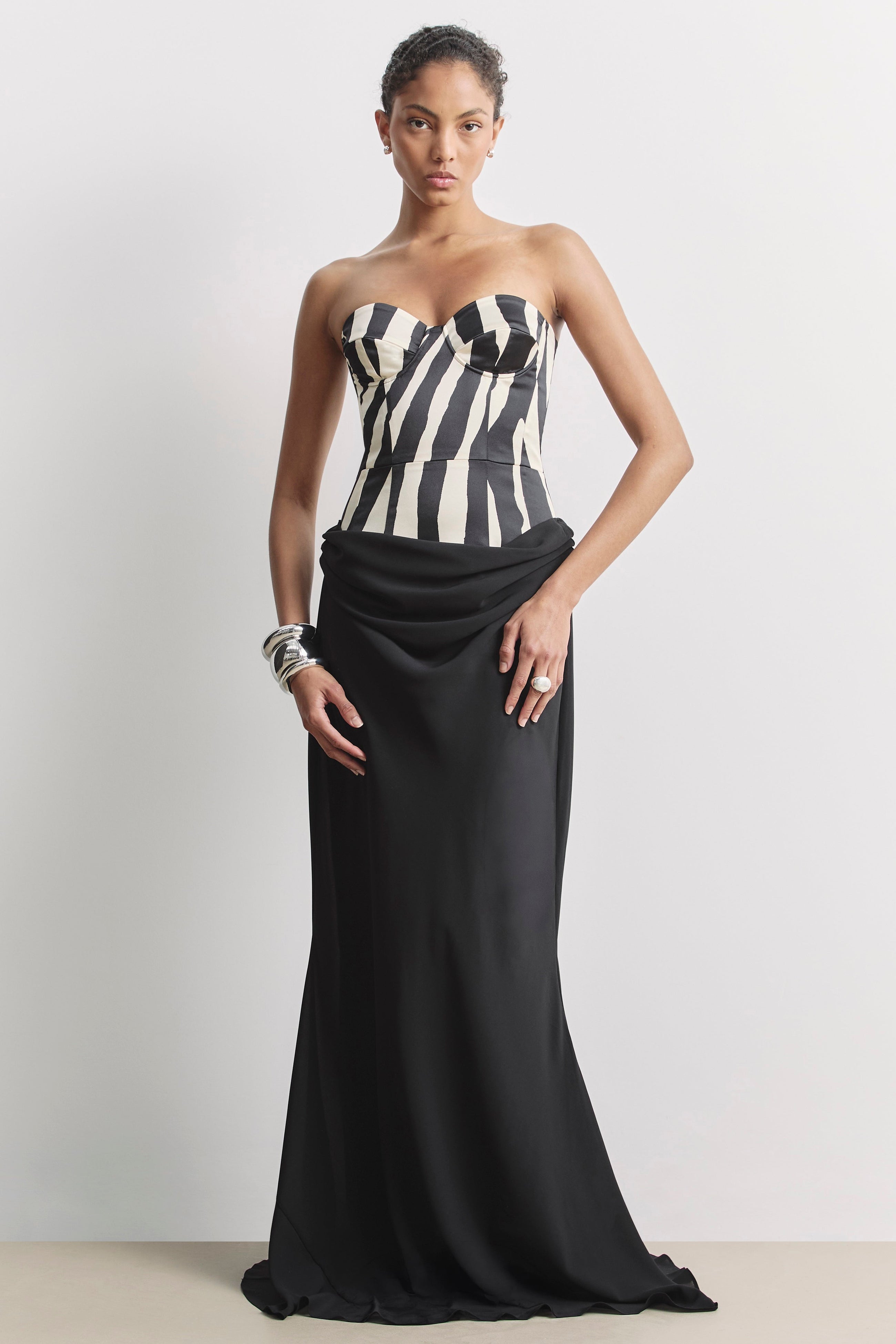 Satin Corset Gown With Draped Hip - Abstract Zebra