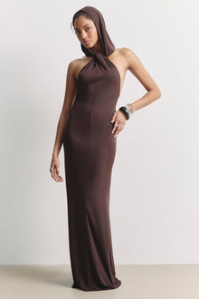 Hooded Halterneck Maxi Dress - Carob