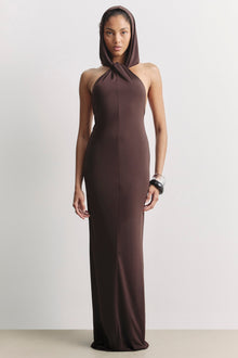 Hooded Halterneck Maxi Dress - Carob