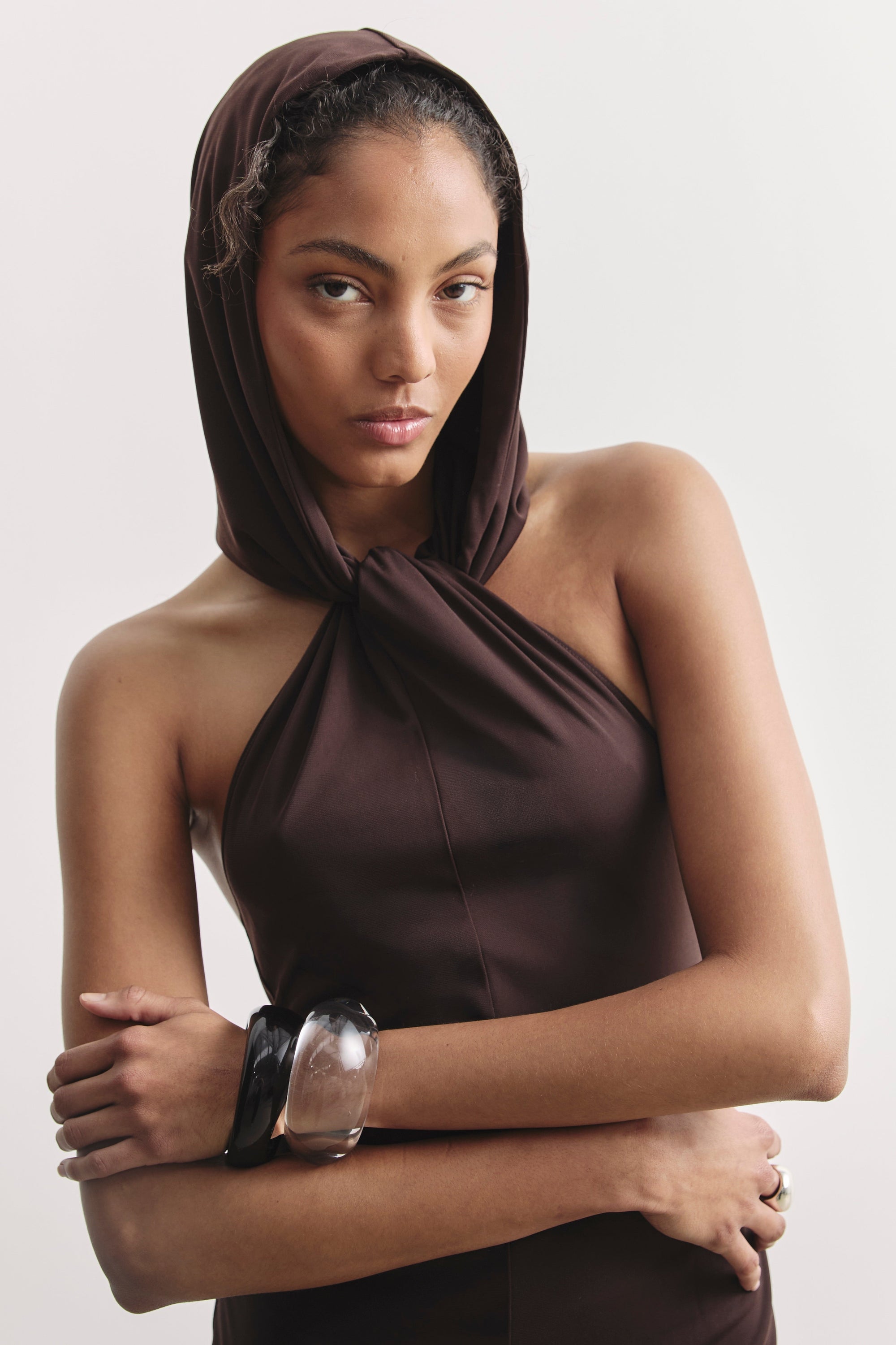Hooded Halterneck Maxi Dress - Carob