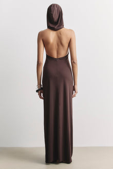 Hooded Halterneck Maxi Dress - Carob