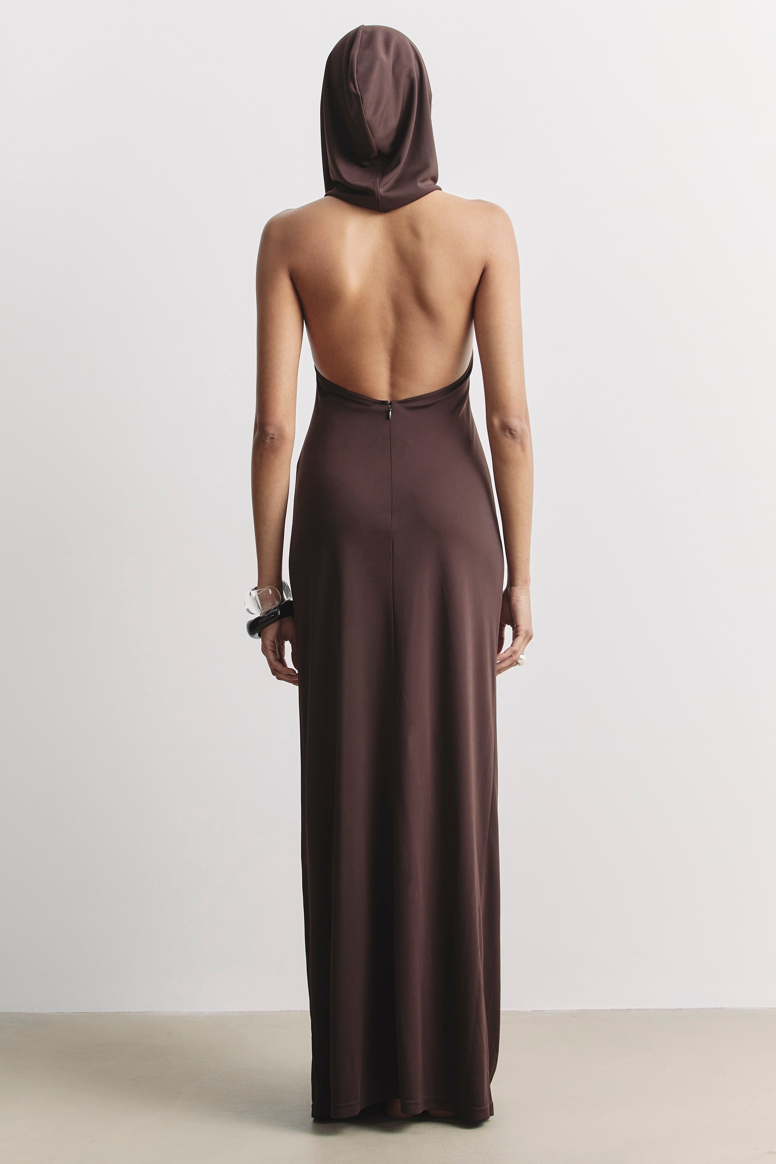Hooded Halterneck Maxi Dress - Carob