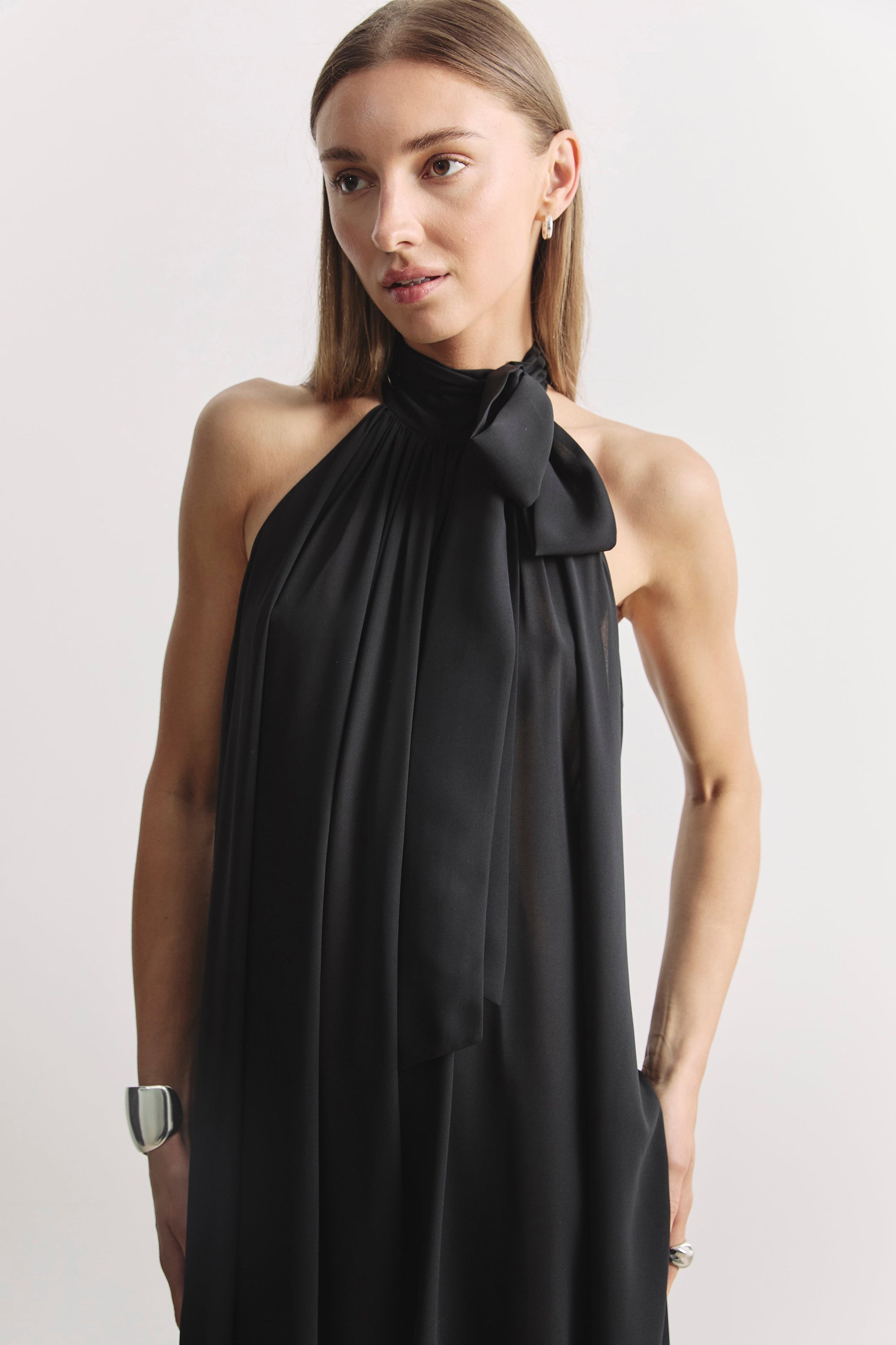 Sheer Chiffon High Neck Volume Maxi Dress - Black Sheer Chiffon High Neck Volume Maxi Dress - Black